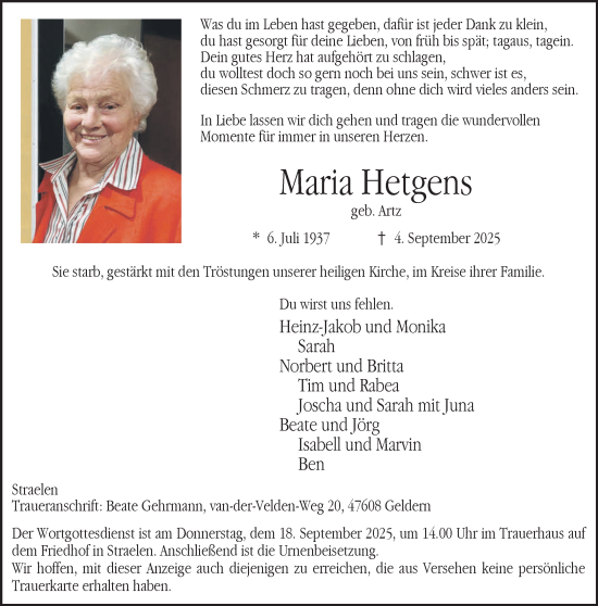 Traueranzeige von Maria Hetgens von NNA