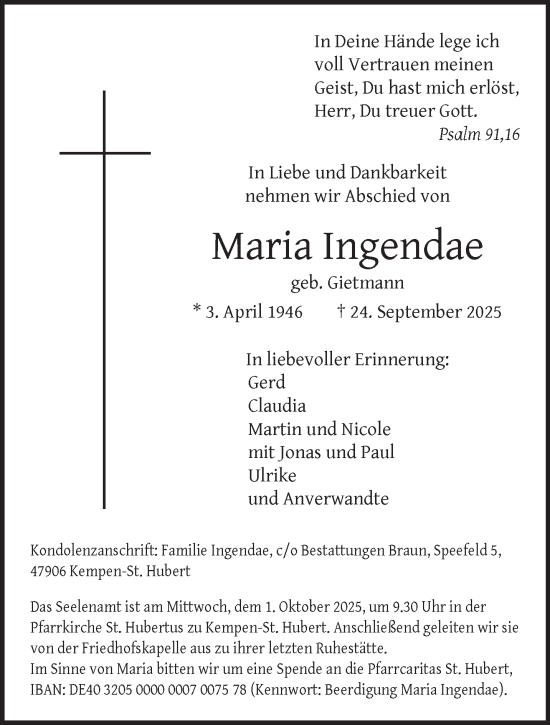 Traueranzeige von Maria Ingendae von NNA