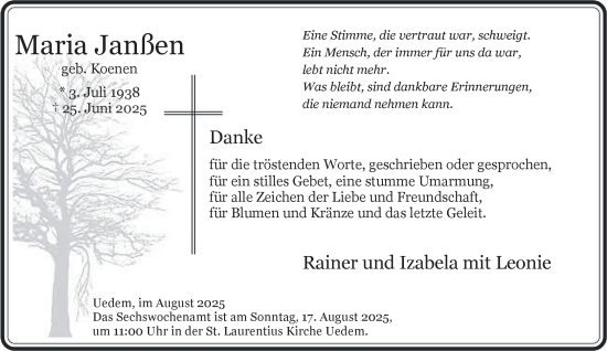 Traueranzeige von Maria Janßen von NNA