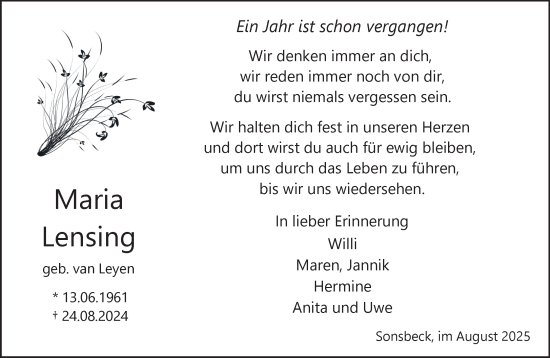 Traueranzeige von Maria Lensing von NNA