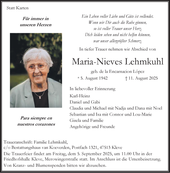 Traueranzeige von Maria-Nieves Lehmkuhl von NNA