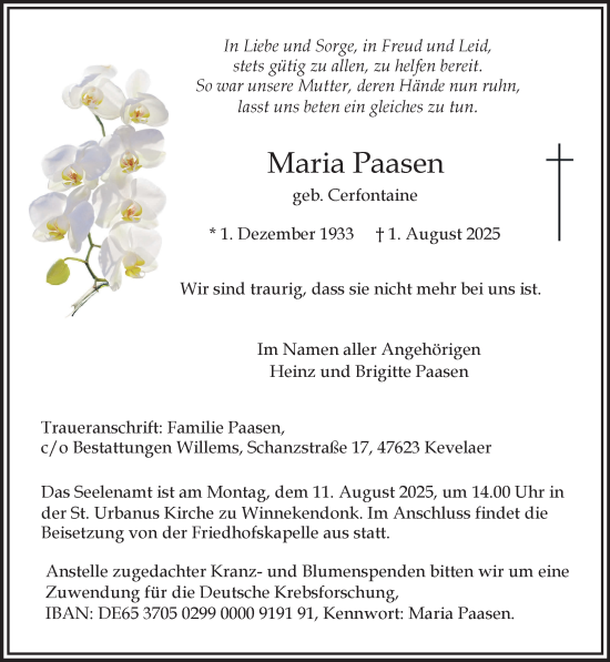 Traueranzeige von Maria Paasen von NNA