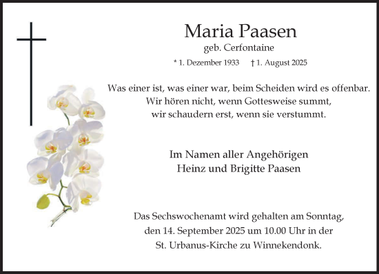 Traueranzeige von Maria Paasen von NNA