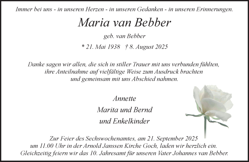  Traueranzeige für Maria van Bebber vom 13.09.2025 aus NNA