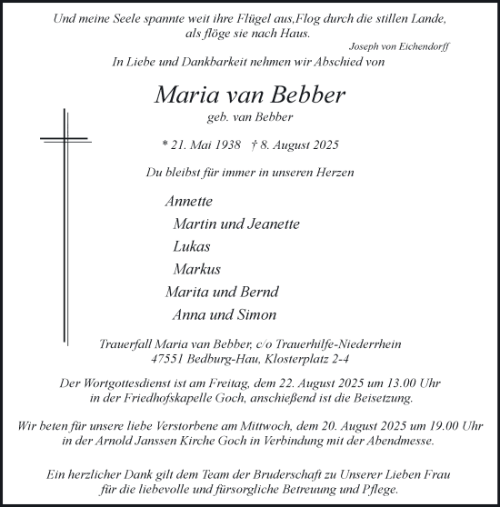 Traueranzeige von Maria van Bebber von NNA