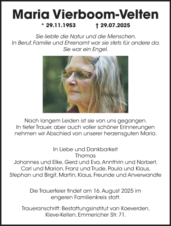 Traueranzeige von Maria Vierboom-Velten von NNA