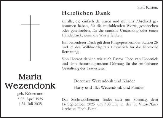 Traueranzeige von Maria Wezendonk von NNA