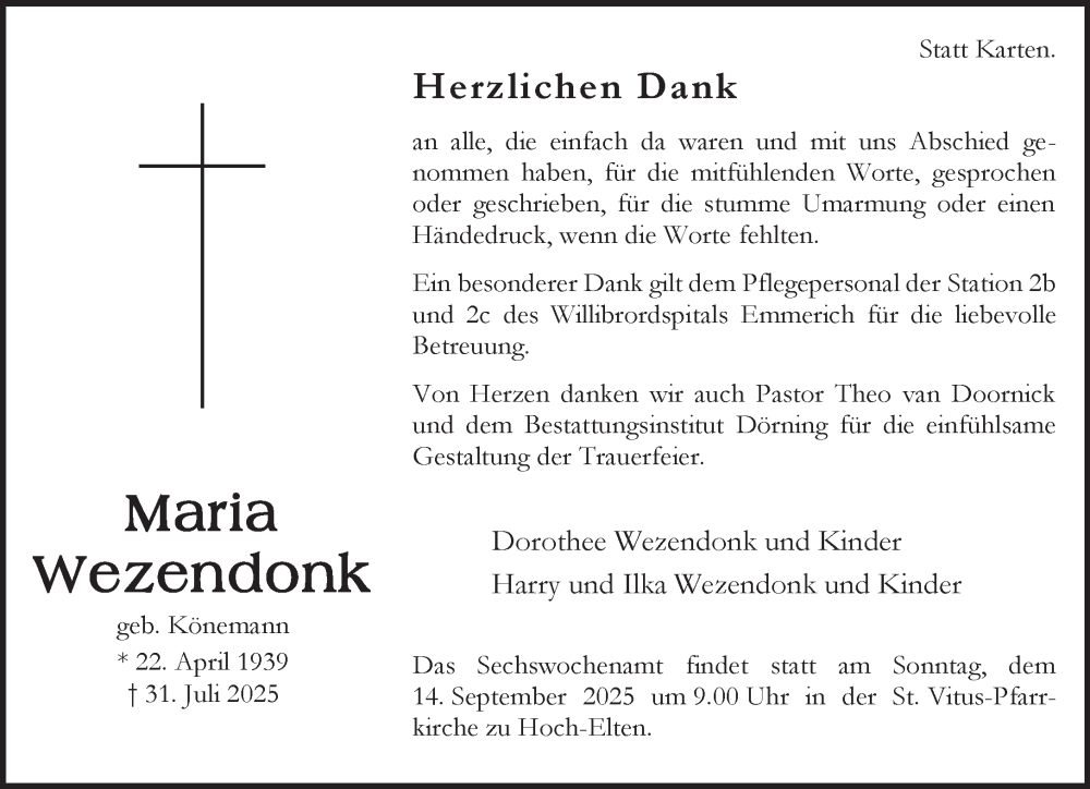  Traueranzeige für Maria Wezendonk vom 05.09.2025 aus NNA
