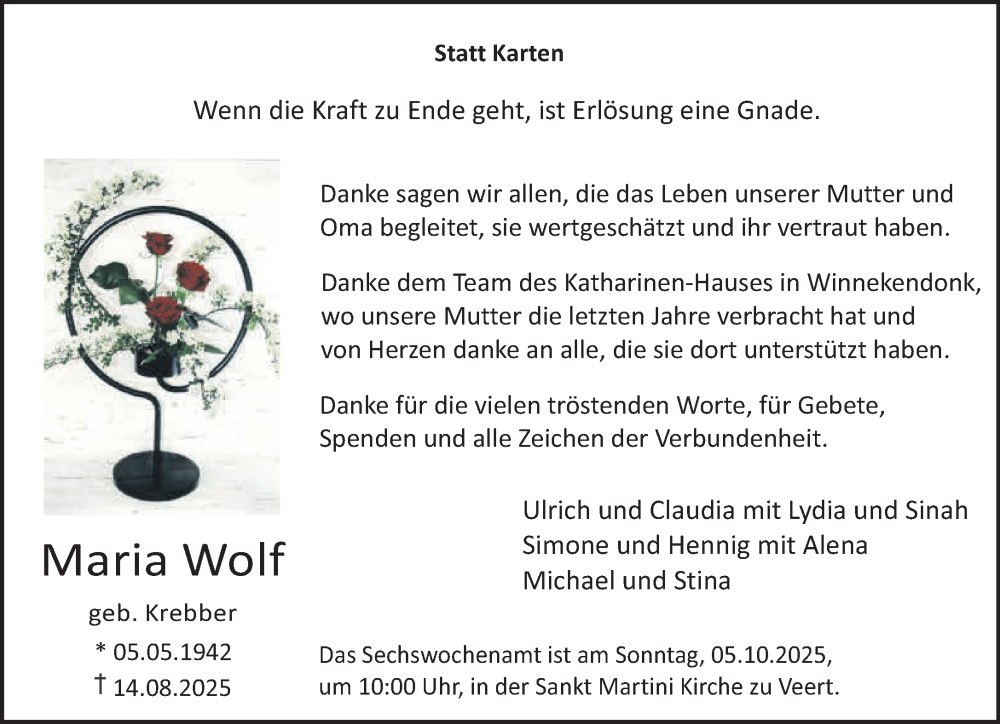  Traueranzeige für Maria Wolf vom 27.09.2025 aus NNA
