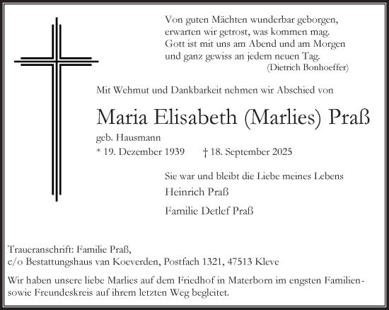 Traueranzeige von Maria Elisabeth Praß von NNA