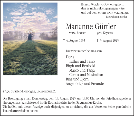 Traueranzeige von Marianne Gürtler von NNA