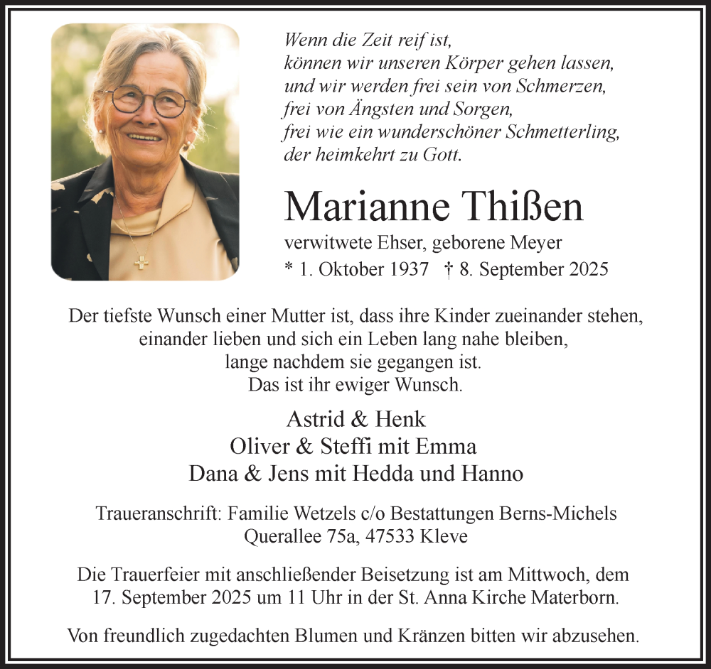  Traueranzeige für Marianne Thißen vom 13.09.2025 aus NNA