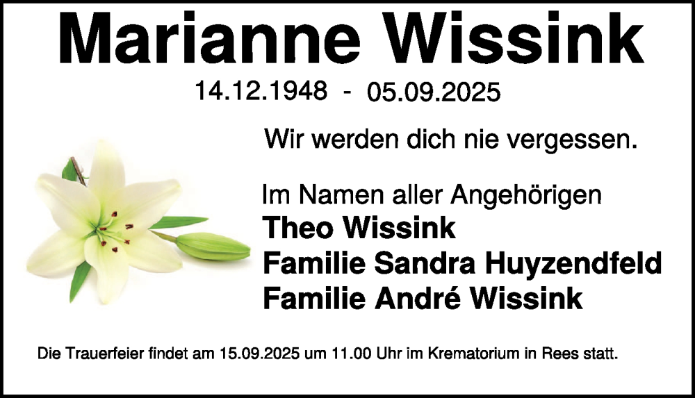  Traueranzeige für Marianne Wissink vom 13.09.2025 aus NNA
