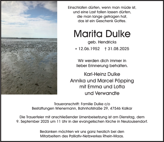 Traueranzeige von Marita Dulke von NNA