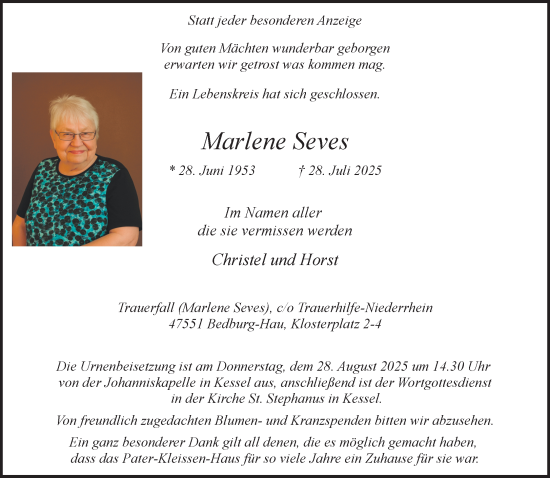Traueranzeige von Marlene Seves von NNA