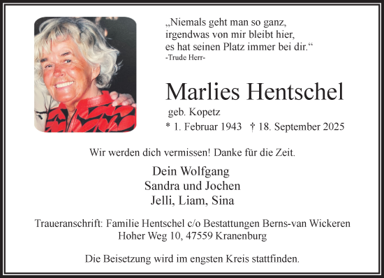 Traueranzeige von Marlies Hentschel von NNA