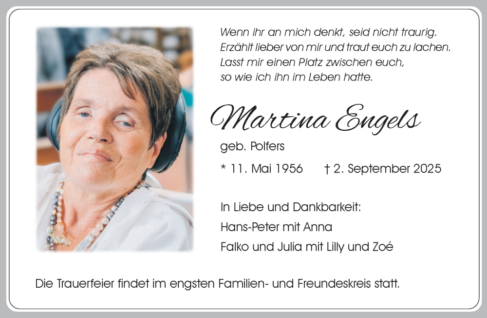  Traueranzeige für Martina Engels vom 13.09.2025 aus NNA