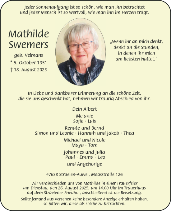 Traueranzeige von Mathilde Swemers von NNA