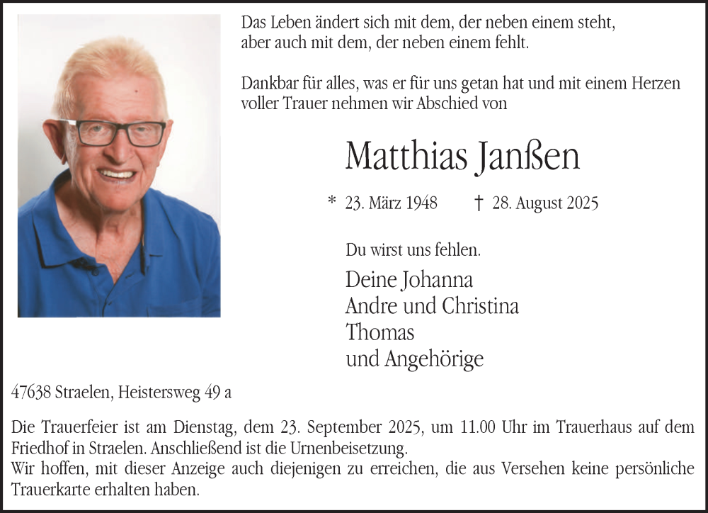  Traueranzeige für Matthias Janßen vom 13.09.2025 aus NNA