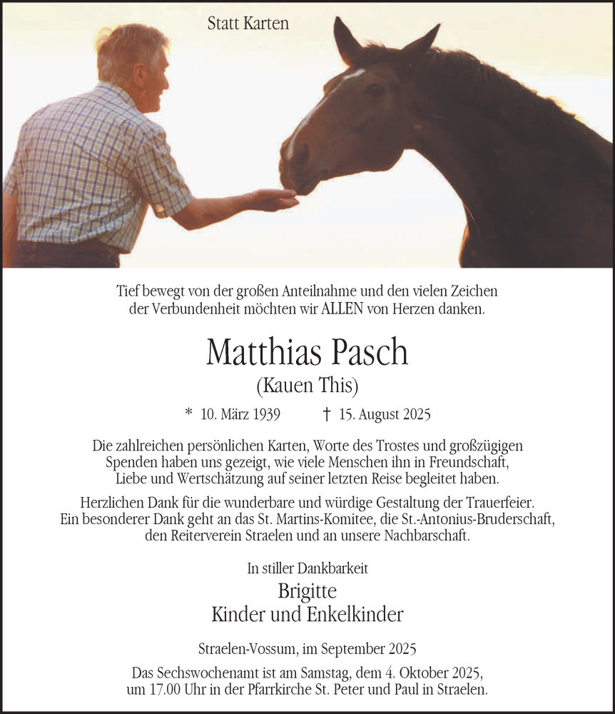  Traueranzeige für Matthias Pasch vom 27.09.2025 aus NNA