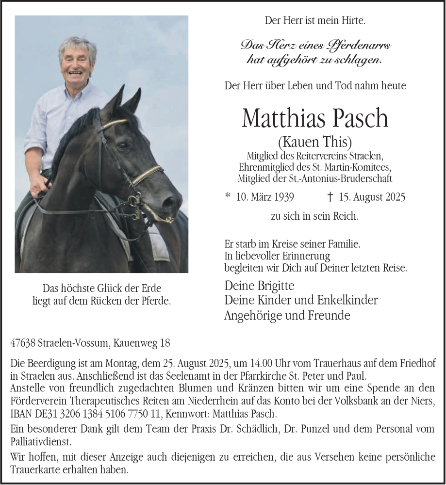  Traueranzeige für Matthias Pasch vom 23.08.2025 aus NNA