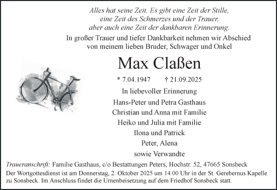 Traueranzeige von Max Claßen von NNA