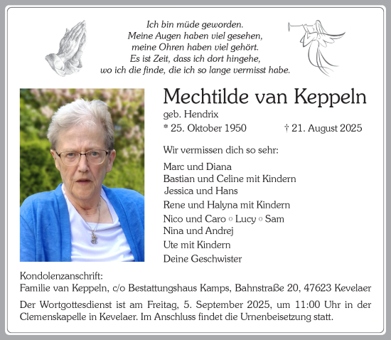 Traueranzeige von Mechtilde van Keppeln von NNA