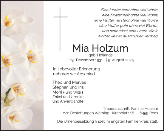 Traueranzeige von Mia Holzum von NNA