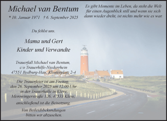 Traueranzeige von Michael van Bentum von NNA