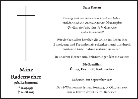 Traueranzeige von Mine Rademacher von NNA