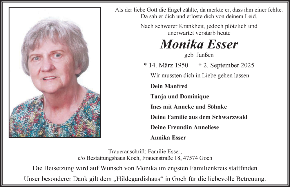  Traueranzeige für Monika Esser vom 13.09.2025 aus NNA