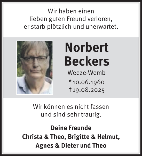 Traueranzeige von Norbert Beckers von NNA