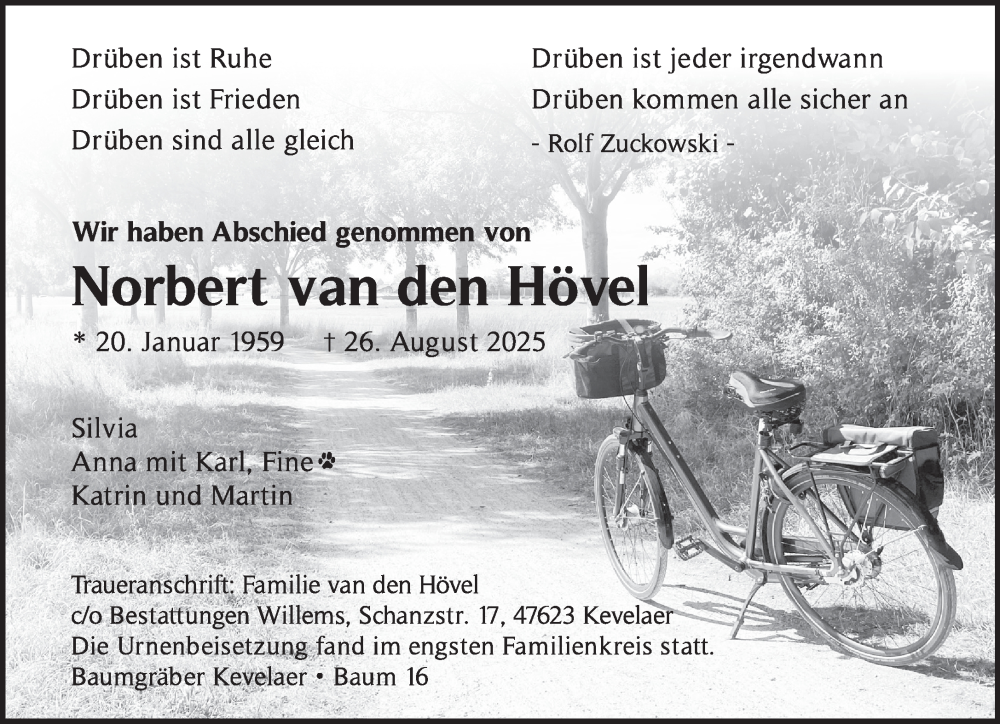  Traueranzeige für Norbert van den Hövel vom 05.09.2025 aus NNA
