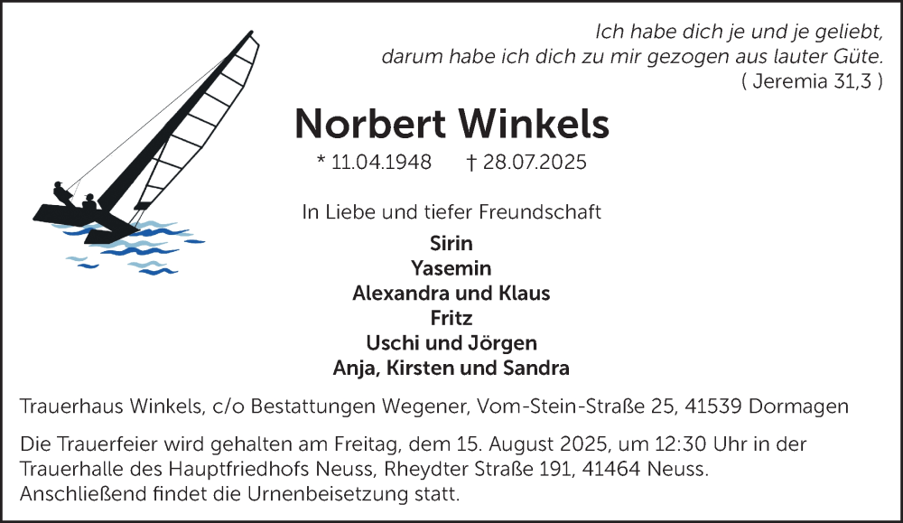  Traueranzeige für Norbert Winkels vom 09.08.2025 aus NNA