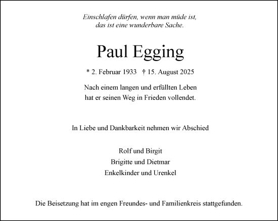 Traueranzeige von Paul Egging von NNA