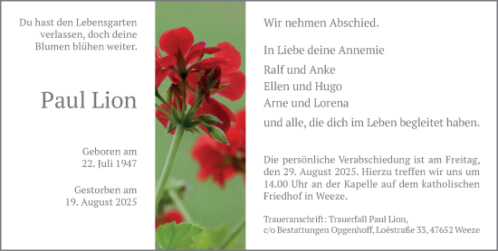 Traueranzeige von Paul Lion von NNA