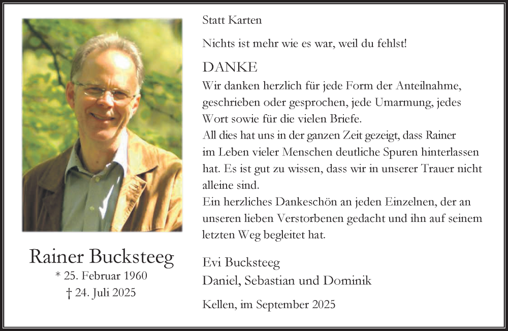  Traueranzeige für Rainer Bucksteeg vom 13.09.2025 aus NNA