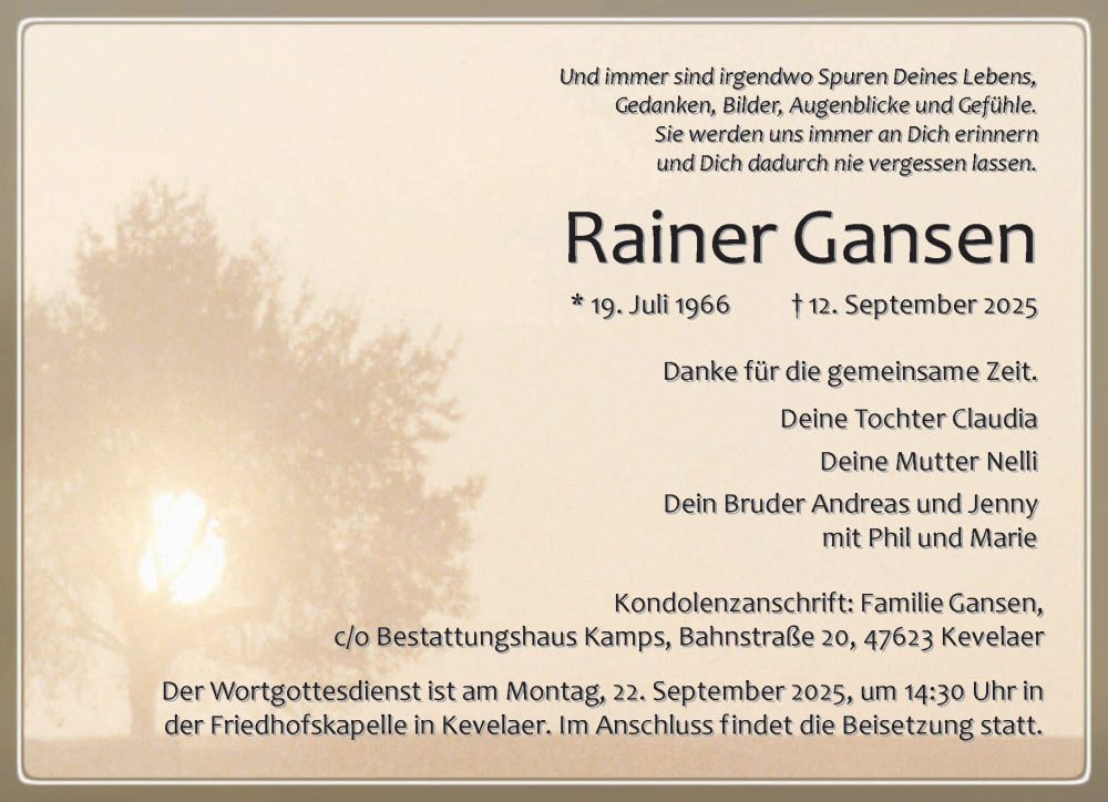  Traueranzeige für Rainer Gansen vom 20.09.2025 aus NNA