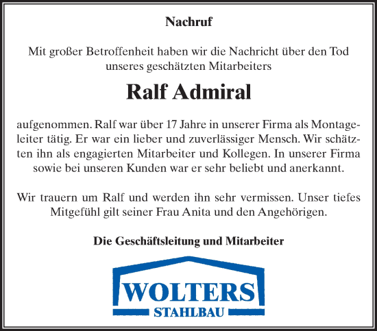 Traueranzeige von Ralf Admiral von NNA