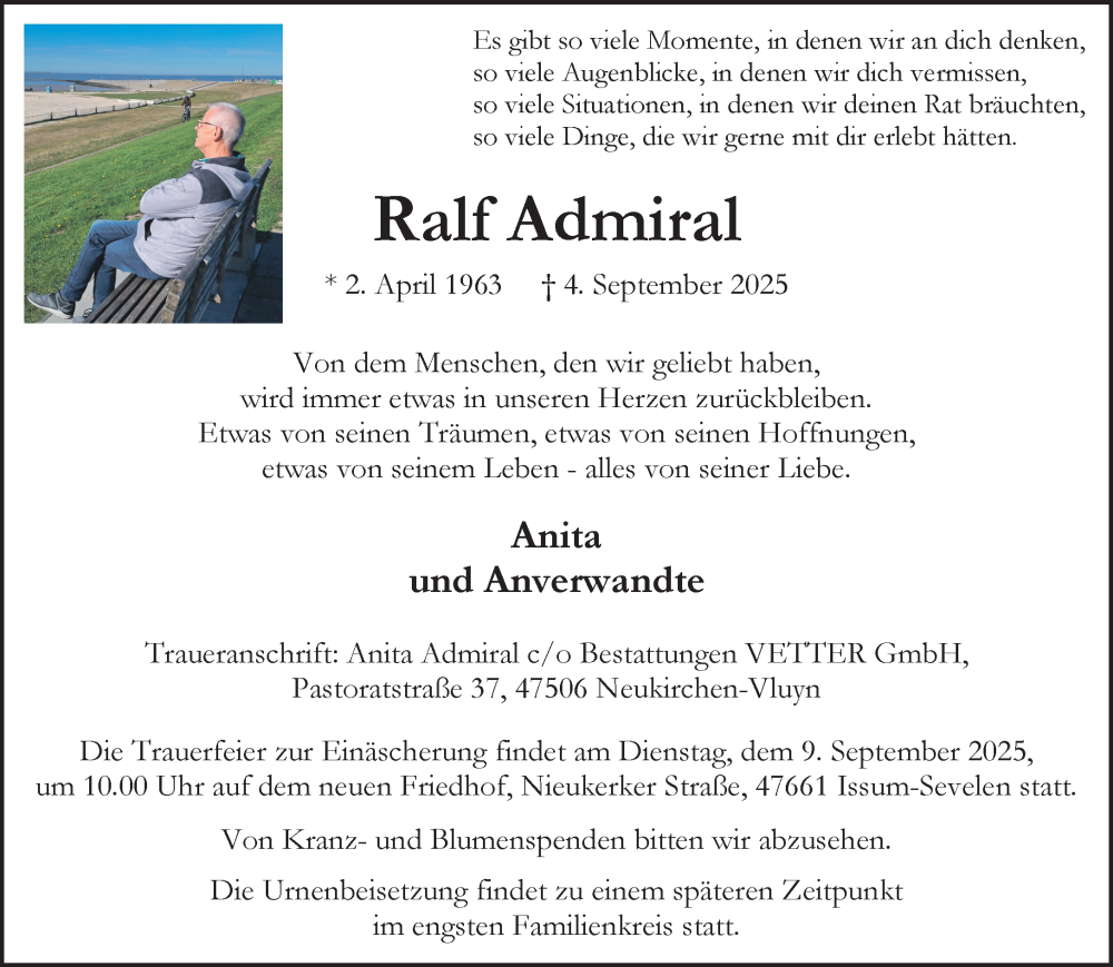  Traueranzeige für Ralf Admiral vom 05.09.2025 aus NNA