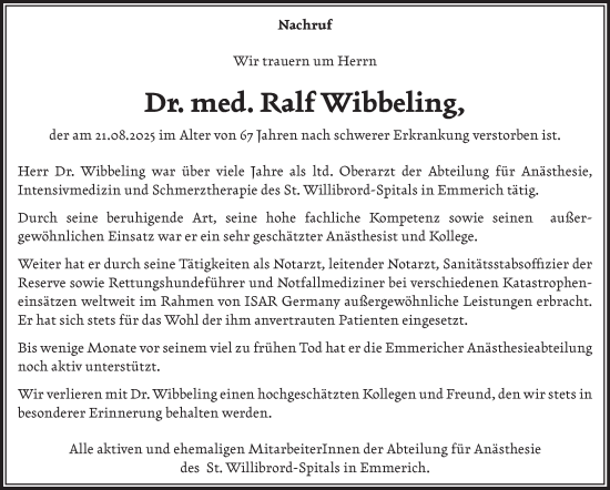 Traueranzeige von Ralf Wibbeling von NNA