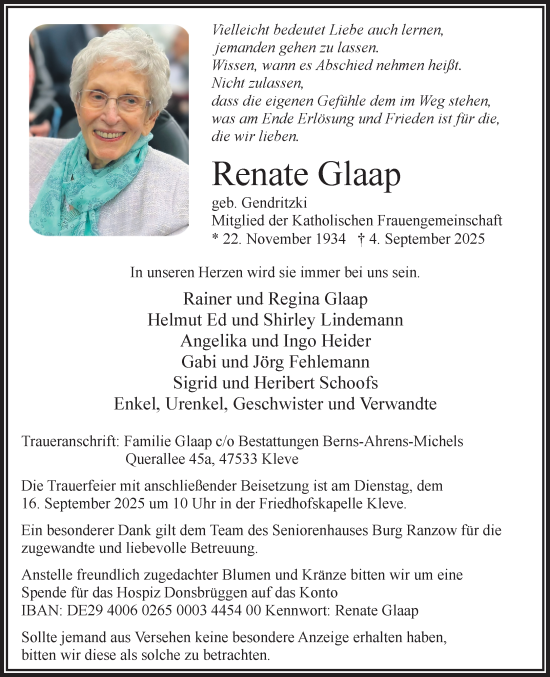 Traueranzeige von Renate Glaap von NNA