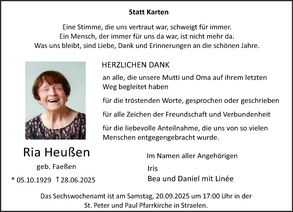  Traueranzeige für Ria Heußen vom 13.09.2025 aus NNA