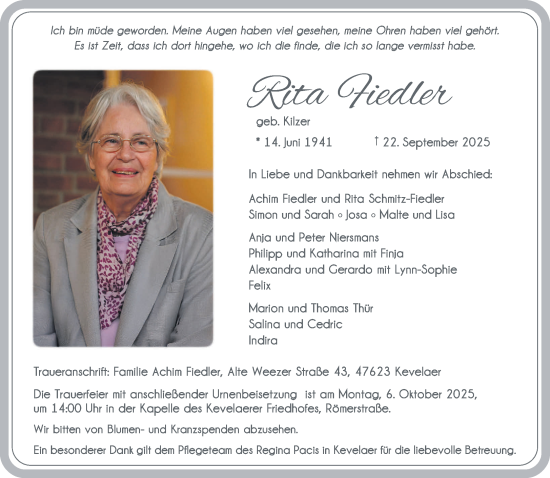 Traueranzeige von Rita Fiedler von NNA