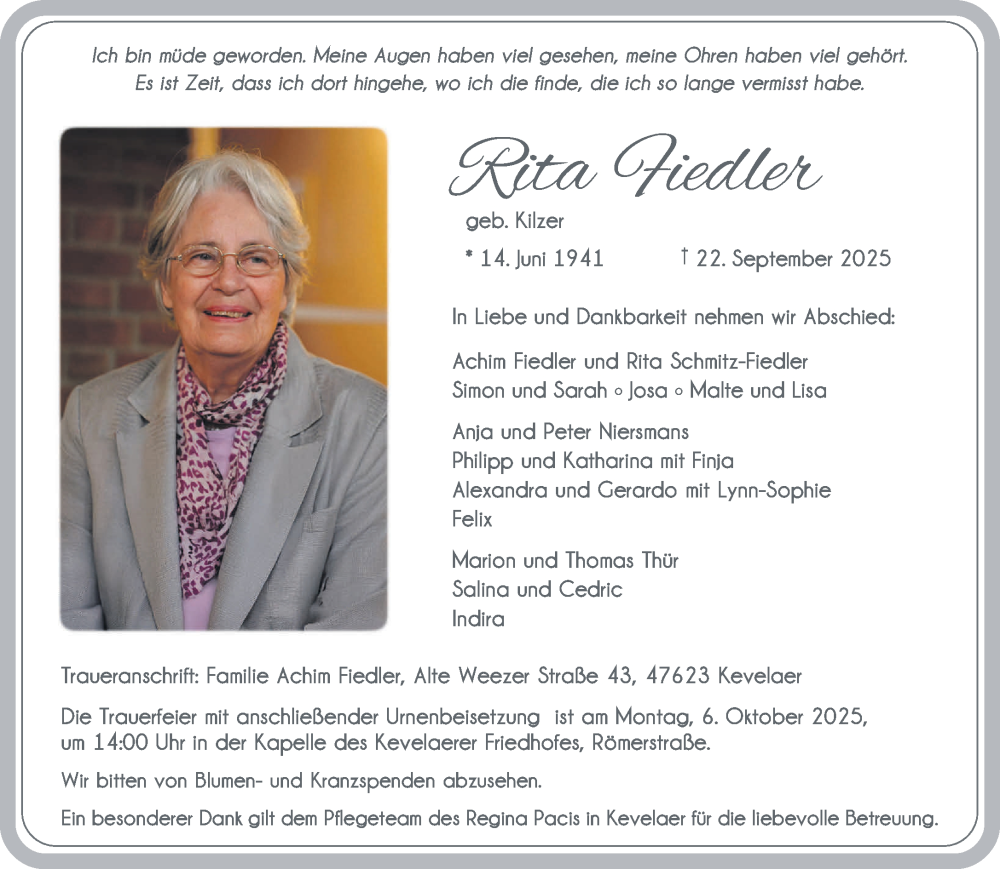  Traueranzeige für Rita Fiedler vom 27.09.2025 aus NNA
