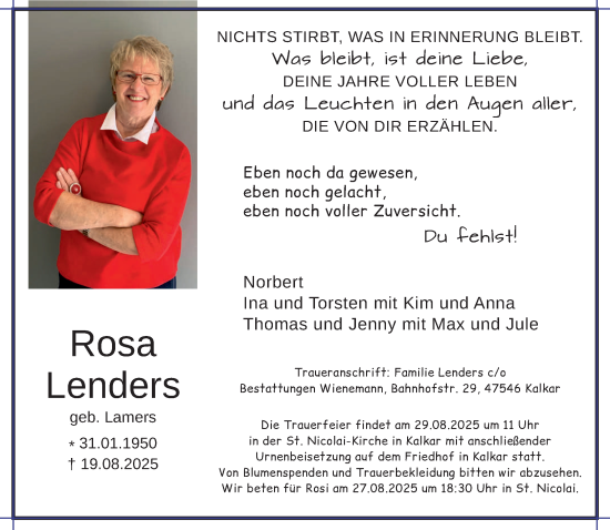 Traueranzeige von Rosa Lenders von NNA