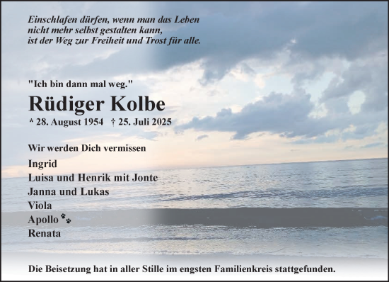 Traueranzeige von Rüdiger Kolbe von NNA