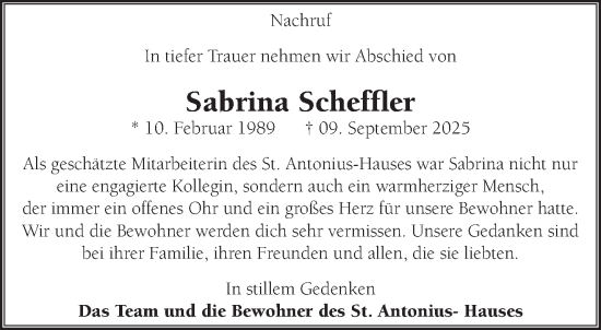 Traueranzeige von Sabrina Scheffler von NNA