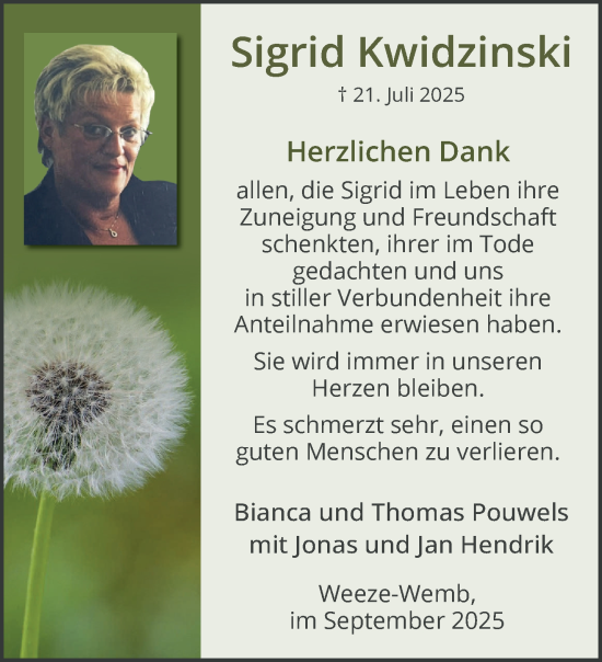 Traueranzeige von Sigrid Kwidzinski von NNA