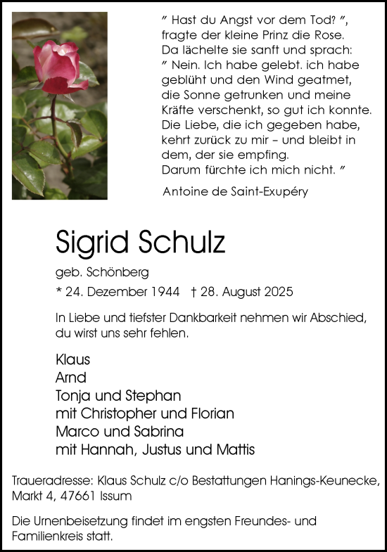 Traueranzeige von Sigrid Schulz von NNA